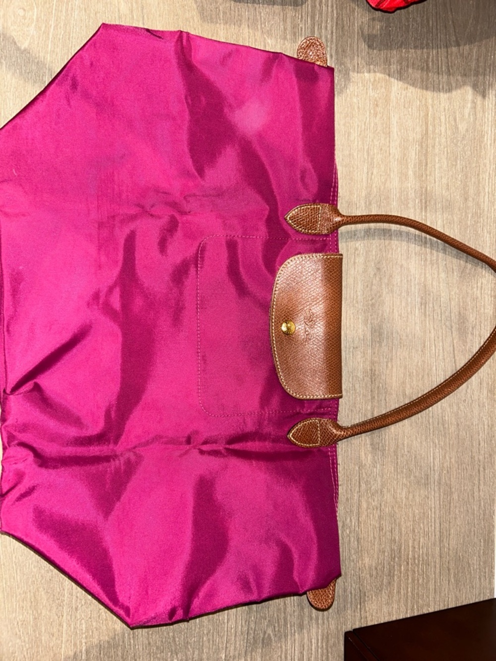 Longchamp Le Pliage Medium Nylon Tote Bag with Brown Leather Trim in raspberry